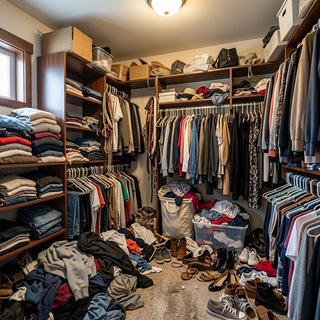 Closet before: overflowing clothes on mismatched hangers, shoes scattered across floor.