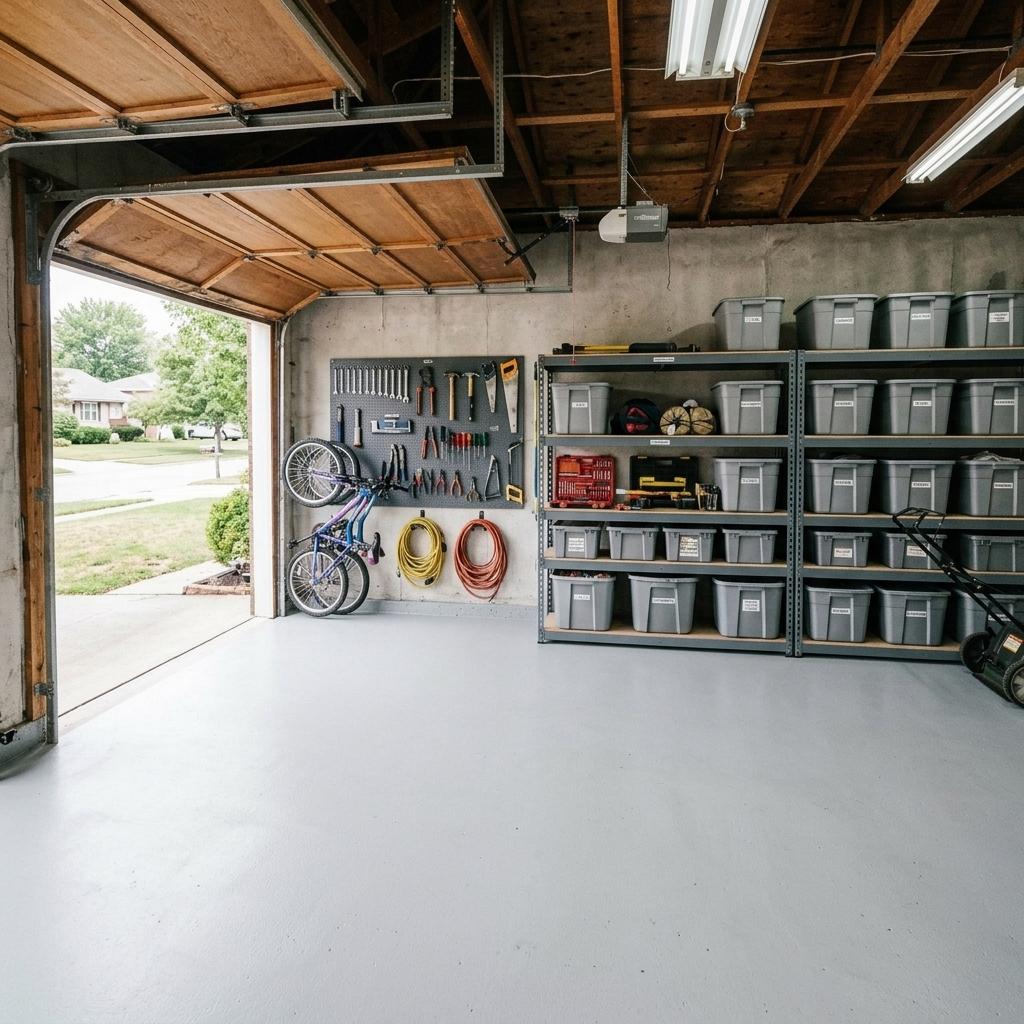 Same garage after: tools mounted on pegboard wall, bikes hung on wall mounts, clean floor ready for vehicles.