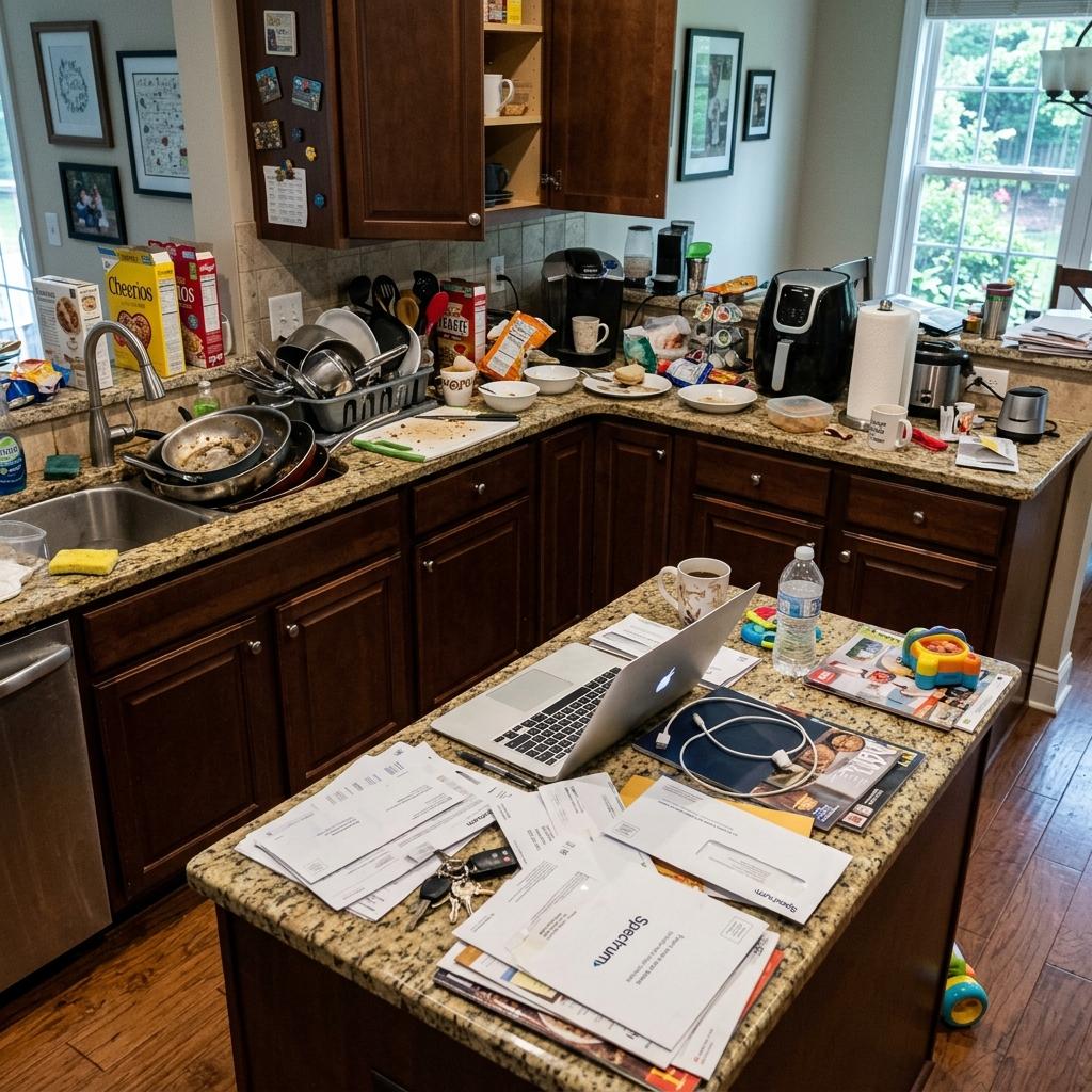Kitchen before: island and counters cluttered with unwashed dishes, paper mail, and food boxes.