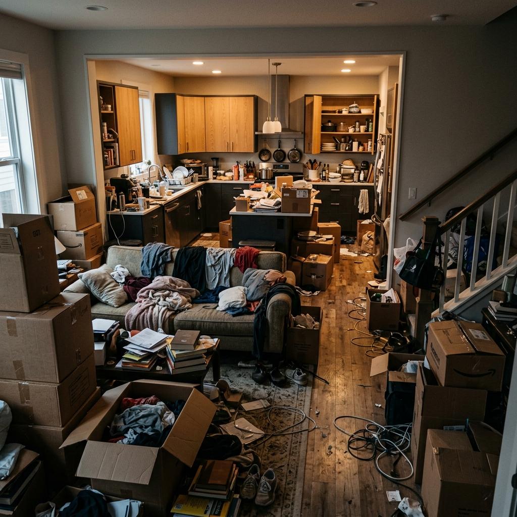 A messy, highly cluttered whole home interior, living room opening into a modern kitchen, moving boxes everywhere.