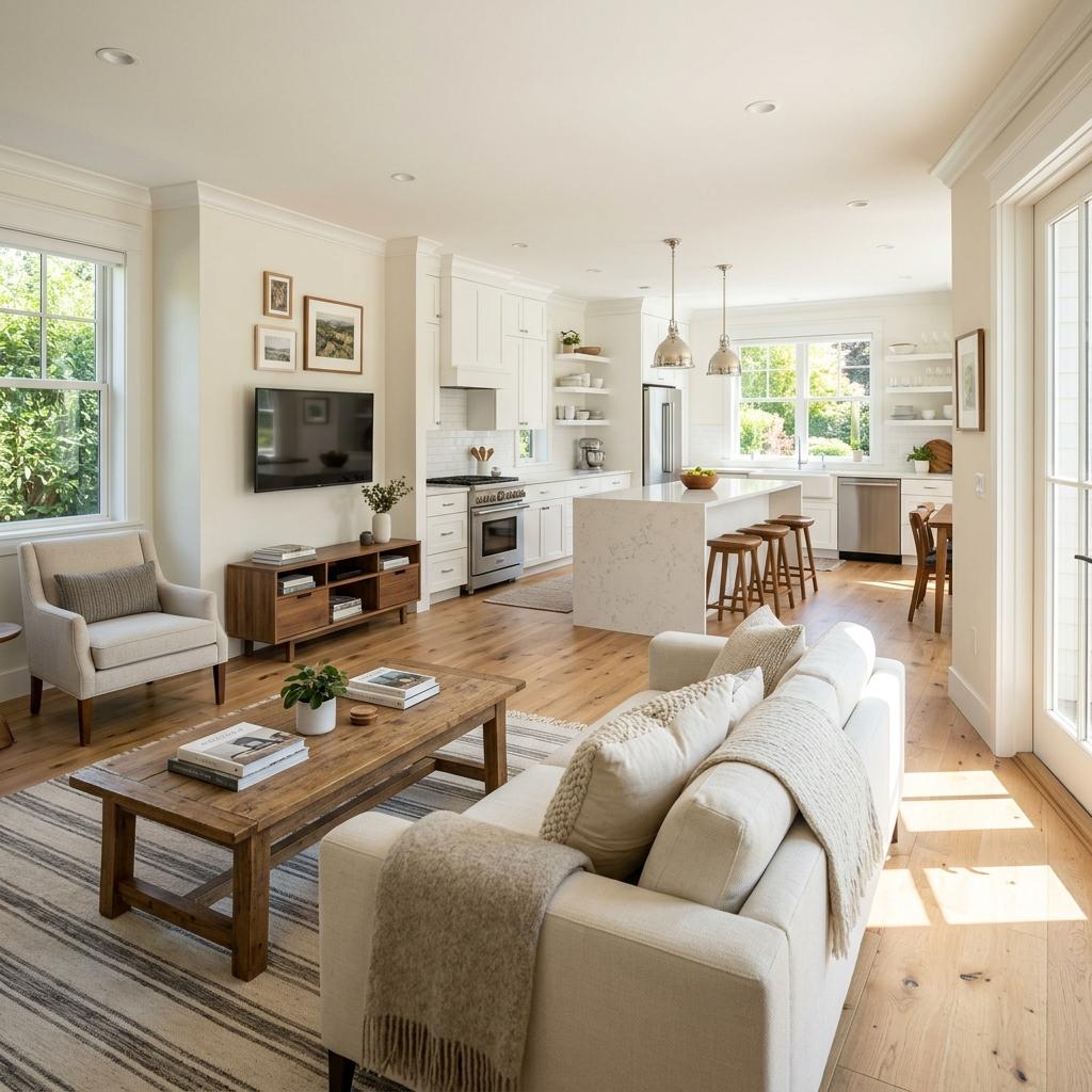 A beautifully organized and clean whole home interior, living room opening into a modern kitchen, sunny and bright.