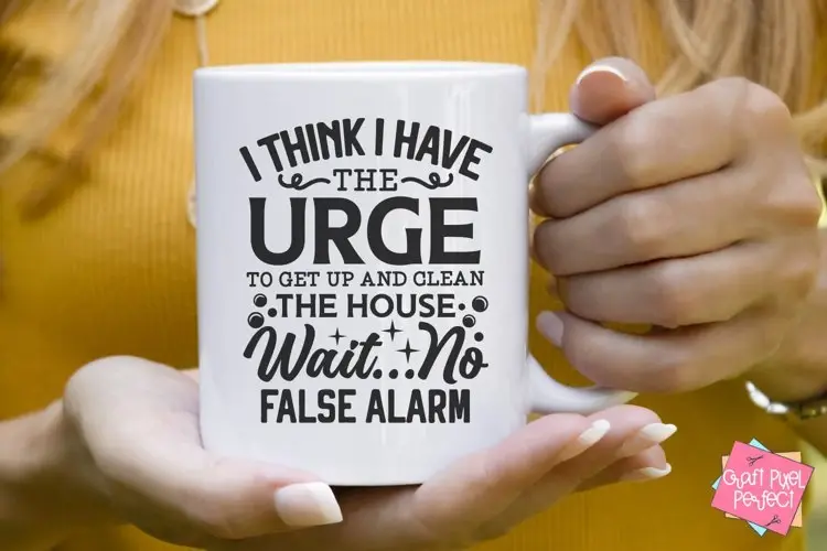 A mug reading "I think I have the urge to get up and clean the house... wait, no, false alarm."