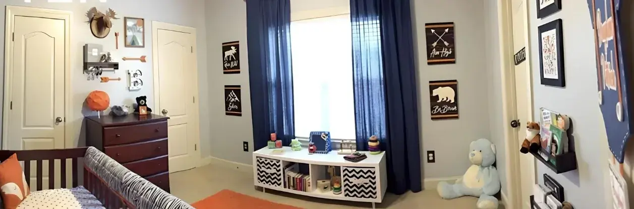 Same nursery after: crib, dresser, and bookshelf arranged neatly, floor and closet fully clear.